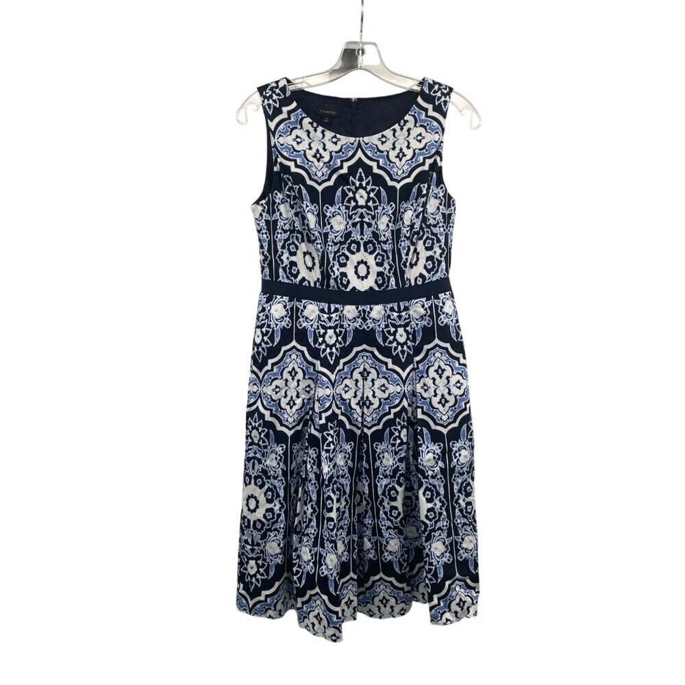 Talbots A-Line Sleeveless Dress Pleated Textured Blue/White Print Size 4 Zip
